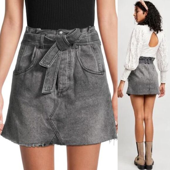 We the Free Denim Skirt East Of Eden Gray Distressed Fringe Paper Bag Waist 26 - Picture 1 of 11